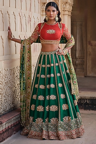Green Raw Silk Floral Hand Embroidered Lehenga Set by AMRIN KHAN