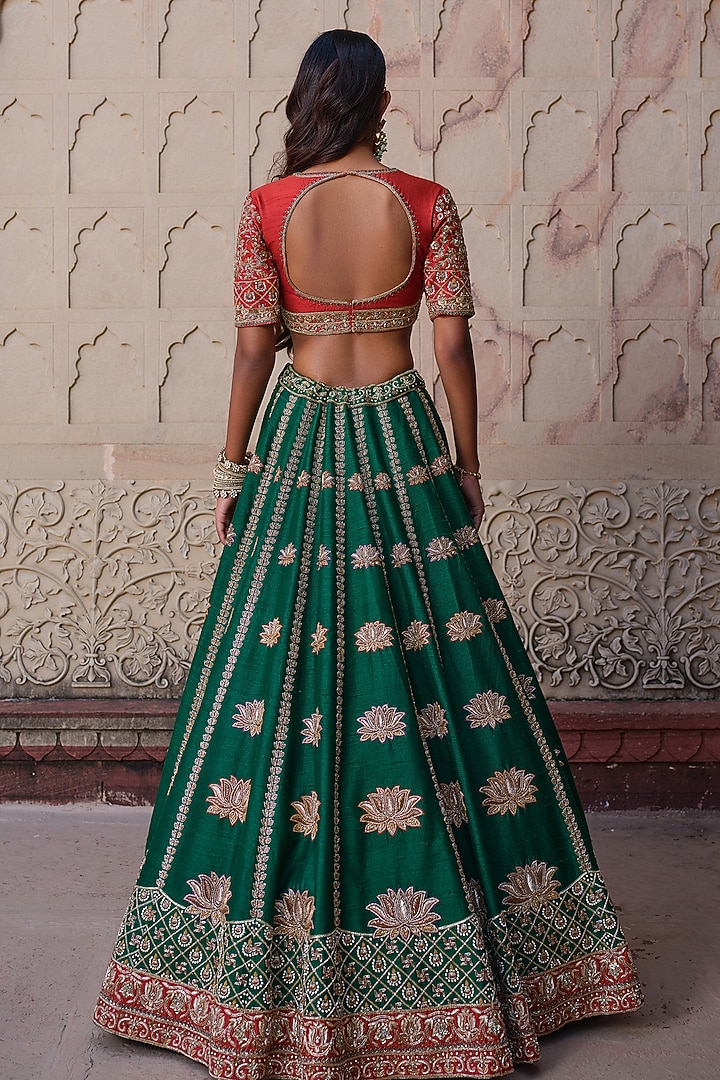 Green Raw Silk Floral Hand Embroidered Bridal Lehenga Set by AMRIN KHAN at Pernia's Pop Up Shop