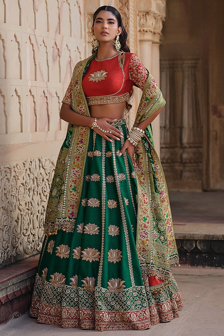 Green Raw Silk Floral Hand Embroidered Bridal Lehenga Set by AMRIN KHAN at Pernia's Pop Up Shop