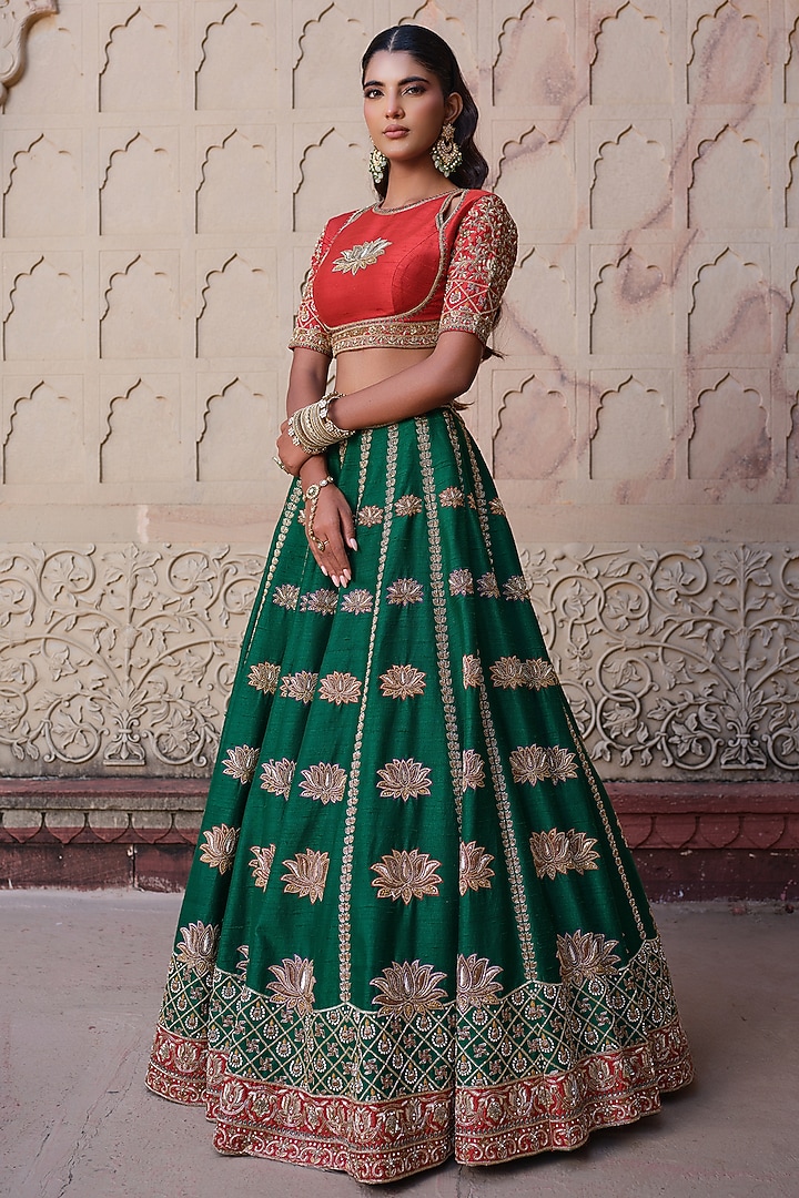 Green Raw Silk Floral Hand Embroidered Bridal Lehenga Set by AMRIN KHAN at Pernia's Pop Up Shop