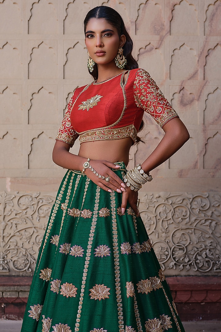 Green Raw Silk Floral Hand Embroidered Bridal Lehenga Set by AMRIN KHAN at Pernia's Pop Up Shop