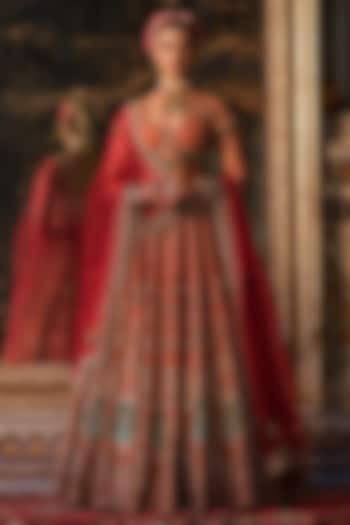 Maroon & Burnt Orange Raw Silk Embroidered Bridal Lehenga Set by AMRIN KHAN at Pernia's Pop Up Shop