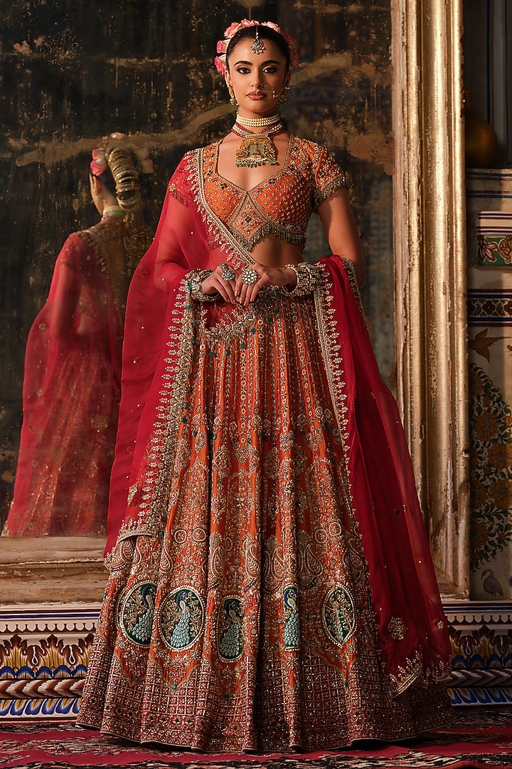 Maroon & Burnt Orange Raw Silk Embroidered Bridal Lehenga Set by AMRIN KHAN at Pernia's Pop Up Shop