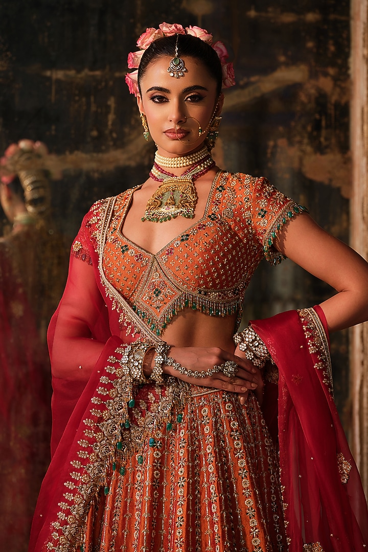Maroon & Burnt Orange Raw Silk Embroidered Bridal Lehenga Set by AMRIN KHAN at Pernia's Pop Up Shop
