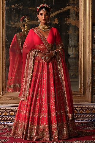 Vermillion Red Raw Silk Hand Embroidered Lehenga Set by AMRIN KHAN