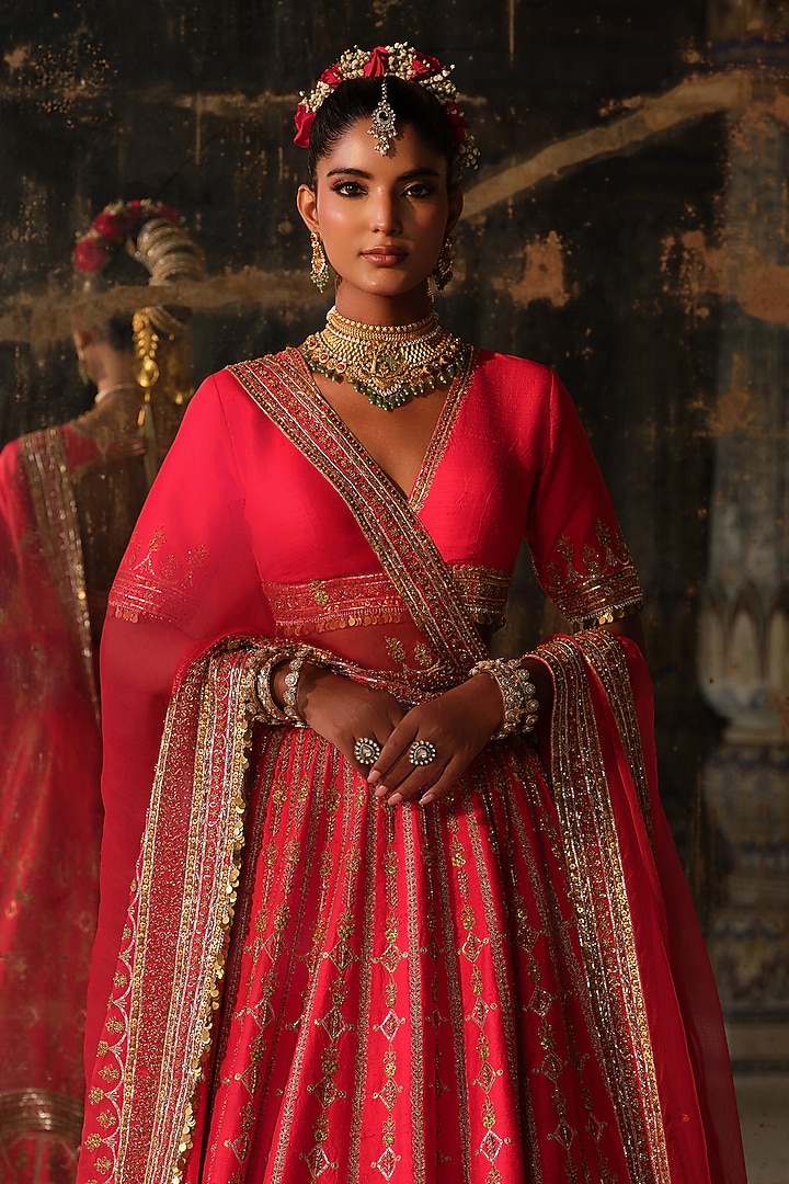 Vermillion Red Raw Silk Hand Embroidered Bridal Lehenga Set by AMRIN KHAN at Pernia's Pop Up Shop