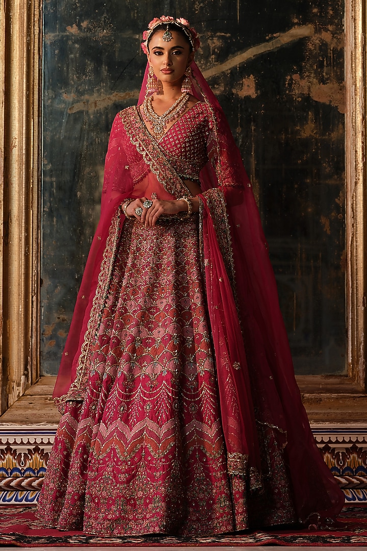 Raspberry Pink Raw Silk Resham Embroidered Bridal Lehenga Set by AMRIN KHAN at Pernia's Pop Up Shop