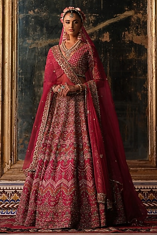 Raspberry Pink Raw Silk Resham Embroidered Lehenga Set by AMRIN KHAN