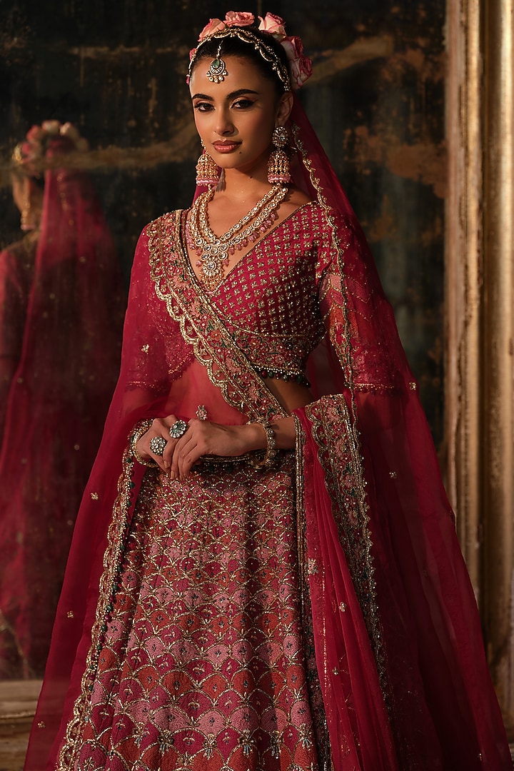 Raspberry Pink Raw Silk Resham Embroidered Bridal Lehenga Set by AMRIN KHAN at Pernia's Pop Up Shop