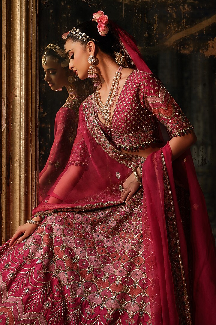 Raspberry Pink Raw Silk Resham Embroidered Bridal Lehenga Set by AMRIN KHAN at Pernia's Pop Up Shop