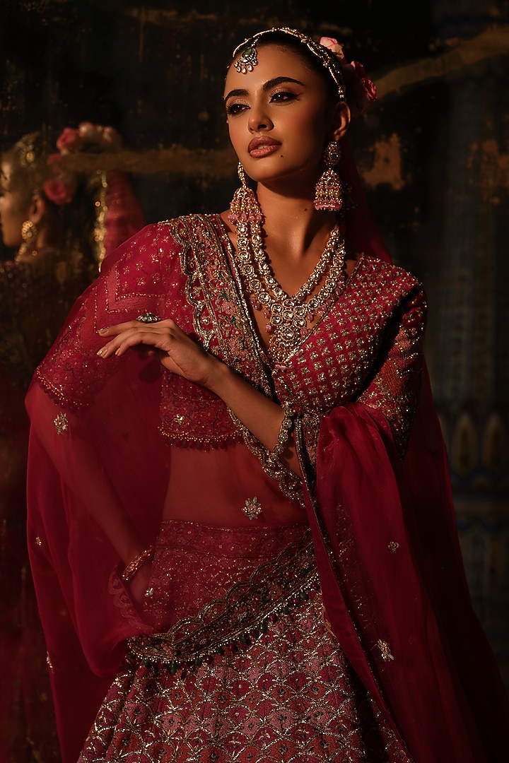 Raspberry Pink Raw Silk Resham Embroidered Bridal Lehenga Set by AMRIN KHAN at Pernia's Pop Up Shop