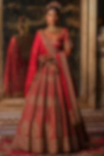 Maroon Raw Silk Marodi Embroidered Bridal Lehenga Set by AMRIN KHAN at Pernia's Pop Up Shop