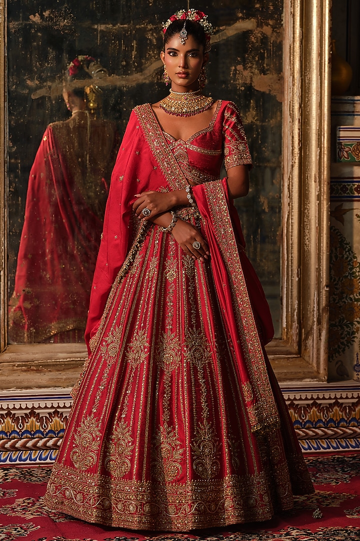 Maroon Raw Silk Marodi Embroidered Bridal Lehenga Set by AMRIN KHAN at Pernia's Pop Up Shop