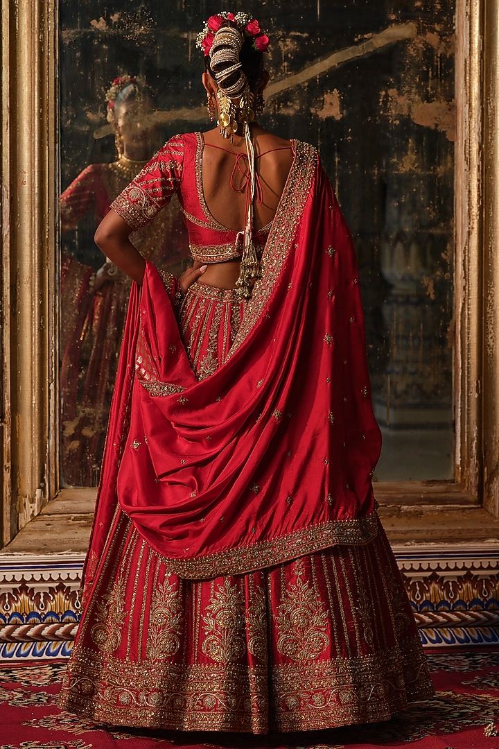 Maroon Raw Silk Marodi Embroidered Bridal Lehenga Set by AMRIN KHAN at Pernia's Pop Up Shop