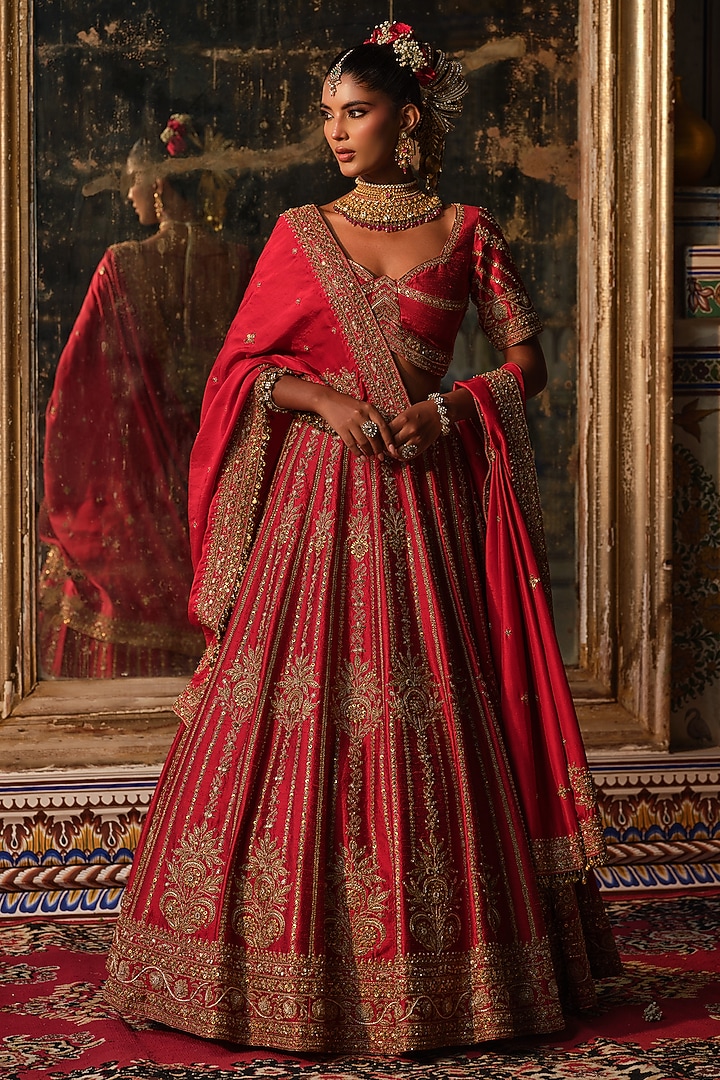 Maroon Raw Silk Marodi Embroidered Bridal Lehenga Set by AMRIN KHAN at Pernia's Pop Up Shop