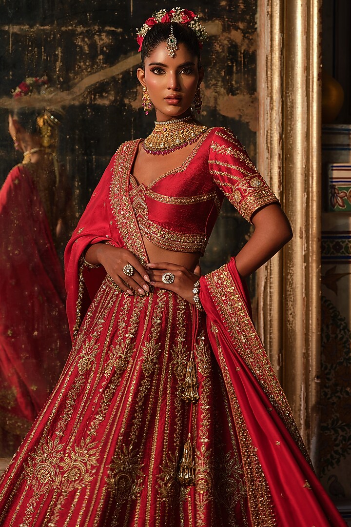 Maroon Raw Silk Marodi Embroidered Bridal Lehenga Set by AMRIN KHAN at Pernia's Pop Up Shop