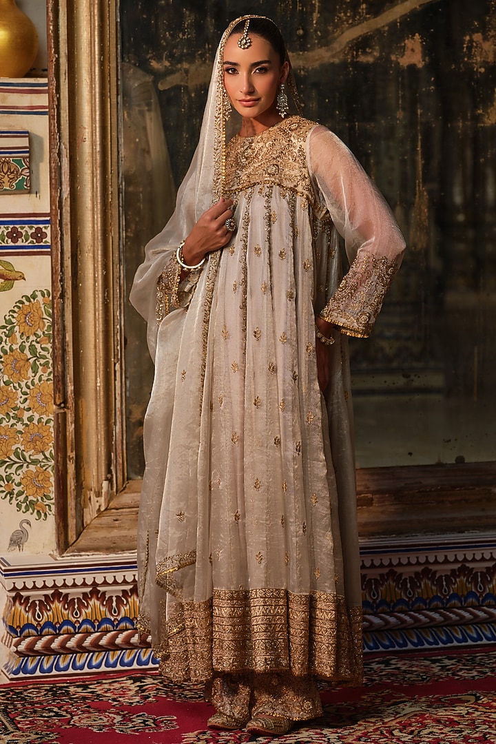 Silver Tissue Zardosi Embroidered Bridal Anarkali Set by AMRIN KHAN at Pernia's Pop Up Shop