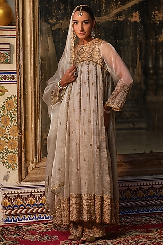Silver Tissue Zardosi Embroidered Anarkali Set by AMRIN KHAN