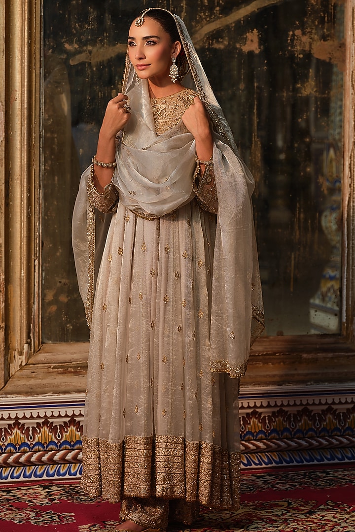 Silver Tissue Zardosi Embroidered Bridal Anarkali Set by AMRIN KHAN at Pernia's Pop Up Shop