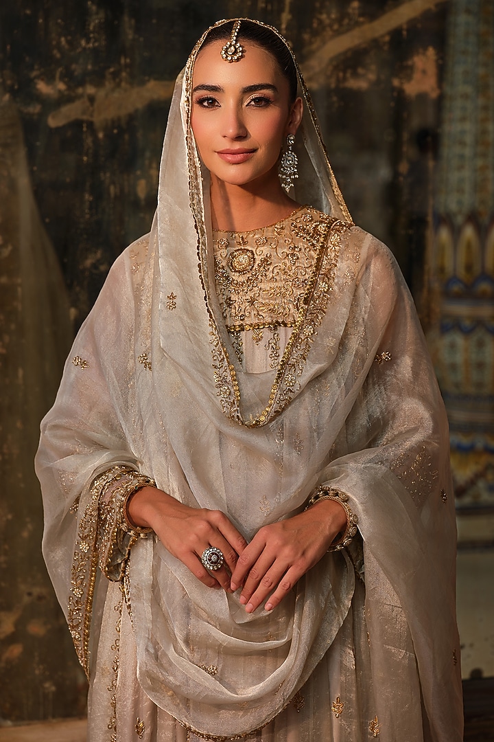 Silver Tissue Zardosi Embroidered Bridal Anarkali Set by AMRIN KHAN at Pernia's Pop Up Shop