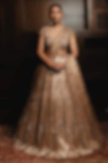 Rose Gold Tissue Floral Motif Embroidered Bridal Lehenga Set by AMRIN KHAN at Pernia's Pop Up Shop