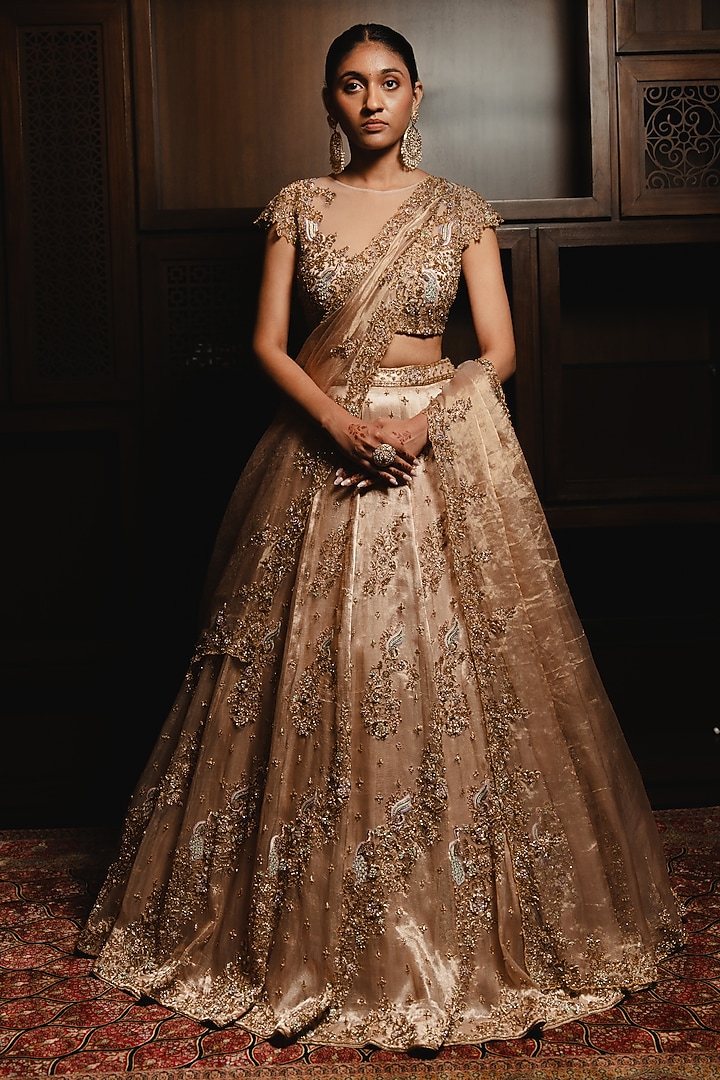 Rose Gold Tissue Floral Motif Embroidered Bridal Lehenga Set by AMRIN KHAN at Pernia's Pop Up Shop