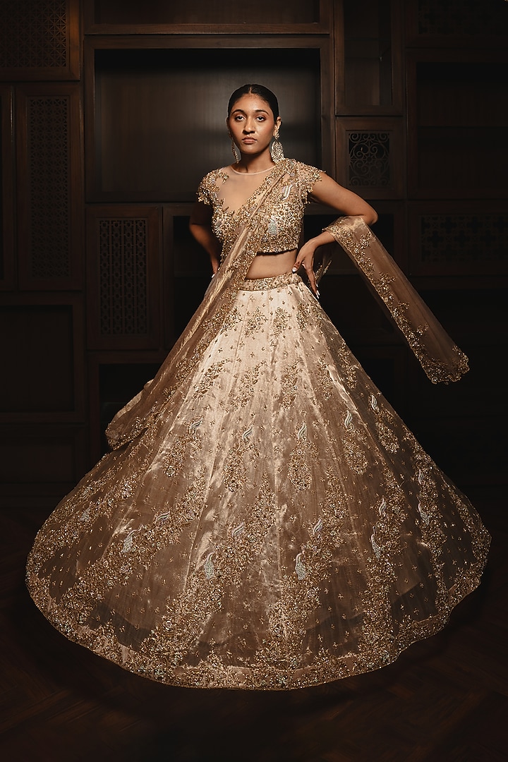 Rose Gold Tissue Floral Motif Embroidered Bridal Lehenga Set by AMRIN KHAN at Pernia's Pop Up Shop