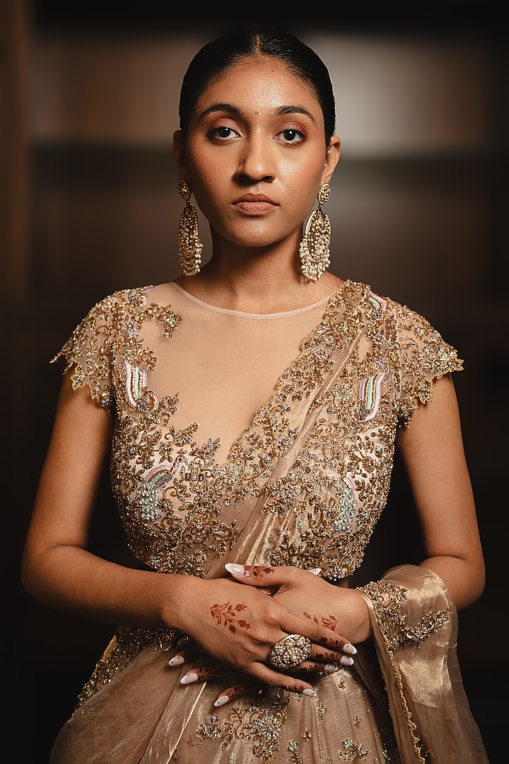 Rose Gold Tissue Floral Motif Embroidered Bridal Lehenga Set by AMRIN KHAN at Pernia's Pop Up Shop