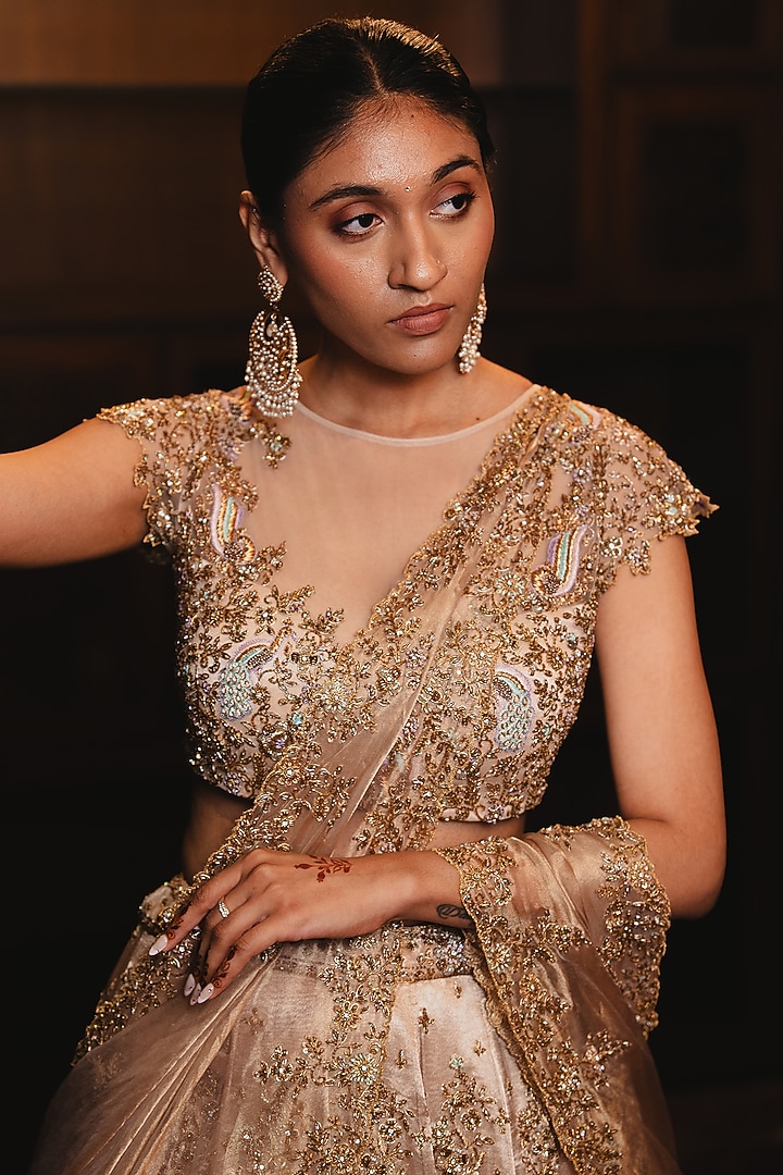Rose Gold Tissue Floral Motif Embroidered Bridal Lehenga Set by AMRIN KHAN at Pernia's Pop Up Shop