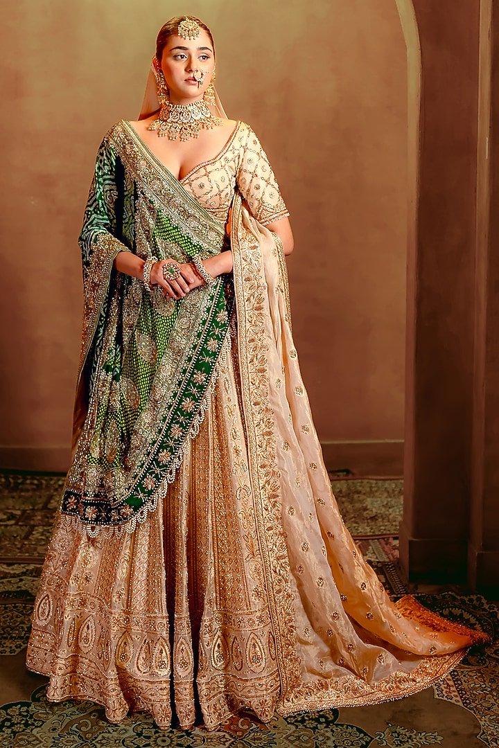 Ivory & Gold Organza Tissue Banarasi Zardosi Embellished Bridal Lehenga Set by AMRIN KHAN at Pernia's Pop Up Shop