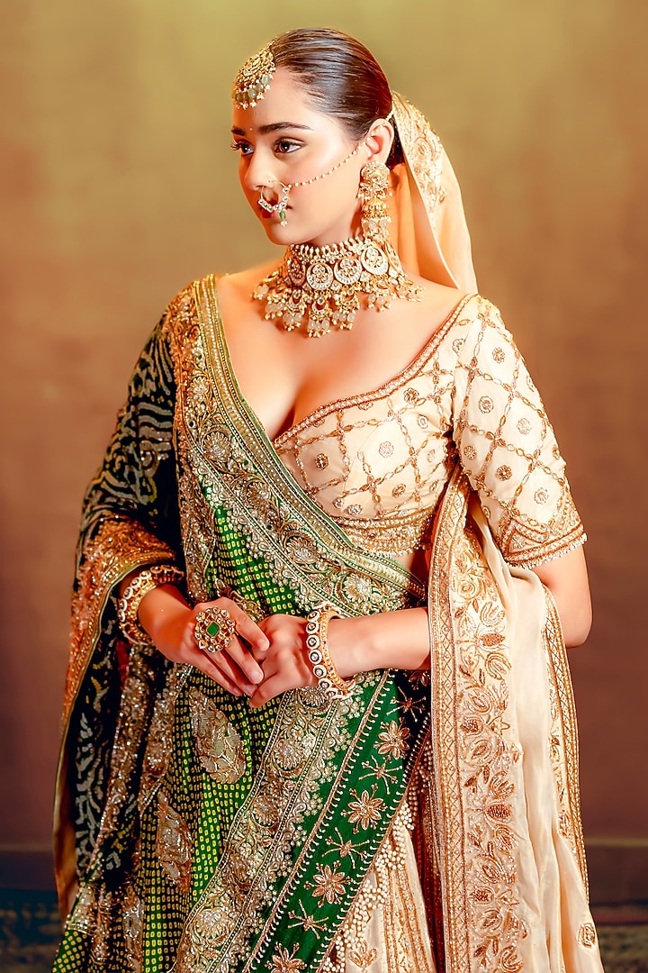 Ivory & Gold Organza Tissue Banarasi Zardosi Embellished Bridal Lehenga Set by AMRIN KHAN at Pernia's Pop Up Shop