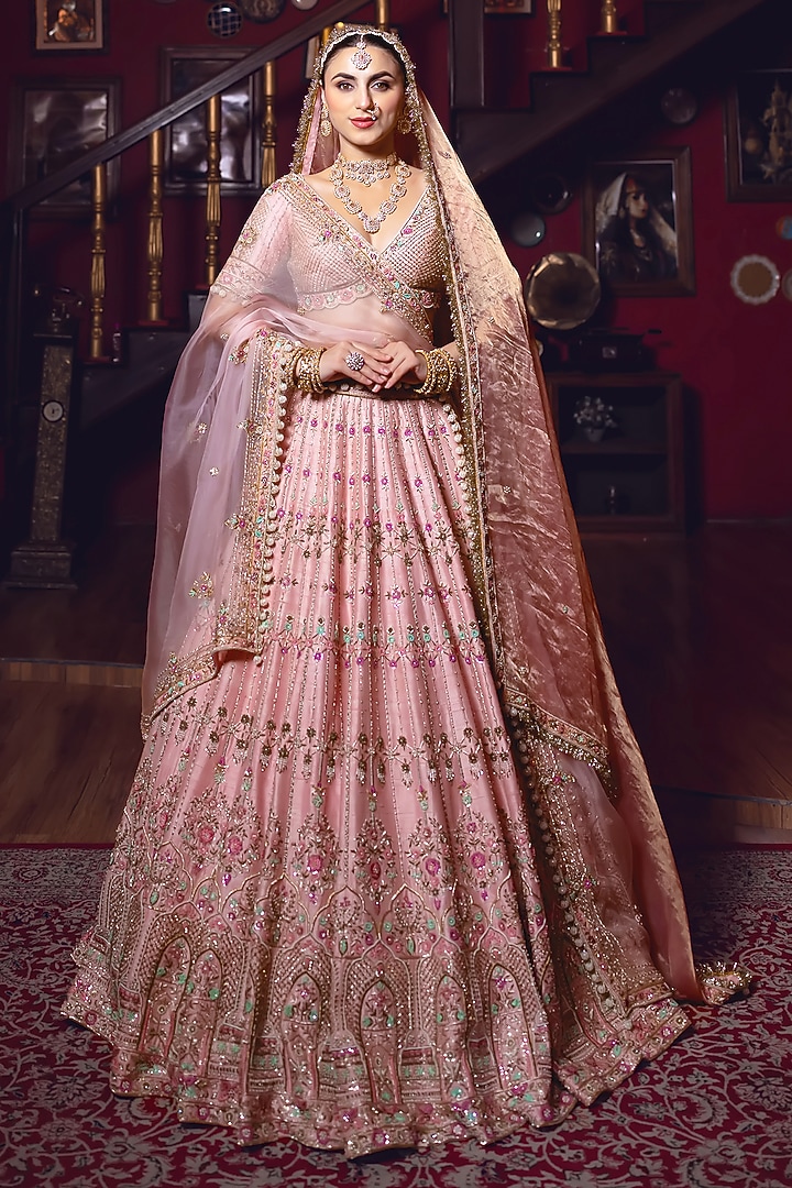 Pastel Pink Raw Silk Zardosi Embroidered Bridal Lehenga Set by AMRIN KHAN at Pernia's Pop Up Shop