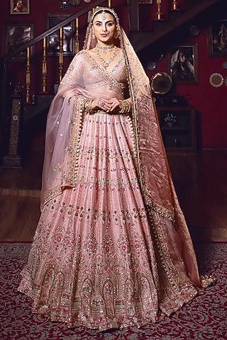 Pastel Pink Raw Silk Zardosi Embroidered Lehenga Set by AMRIN KHAN