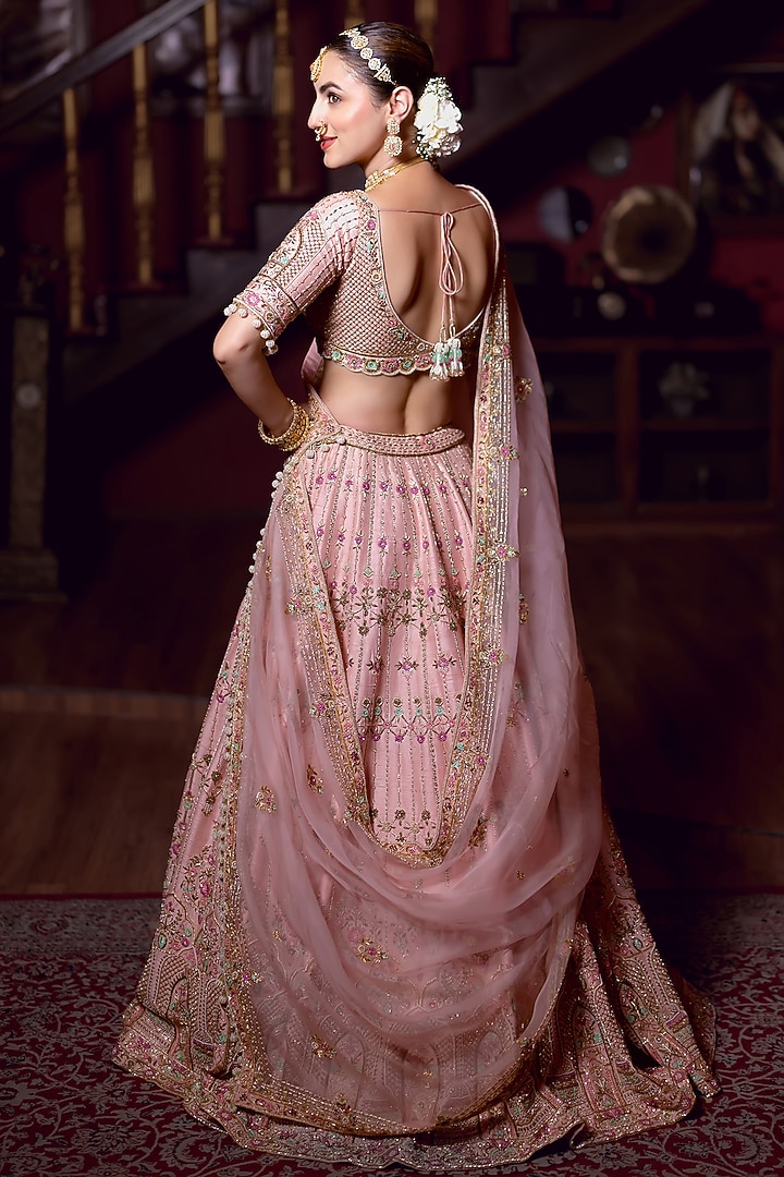 Pastel Pink Raw Silk Zardosi Embroidered Bridal Lehenga Set by AMRIN KHAN at Pernia's Pop Up Shop