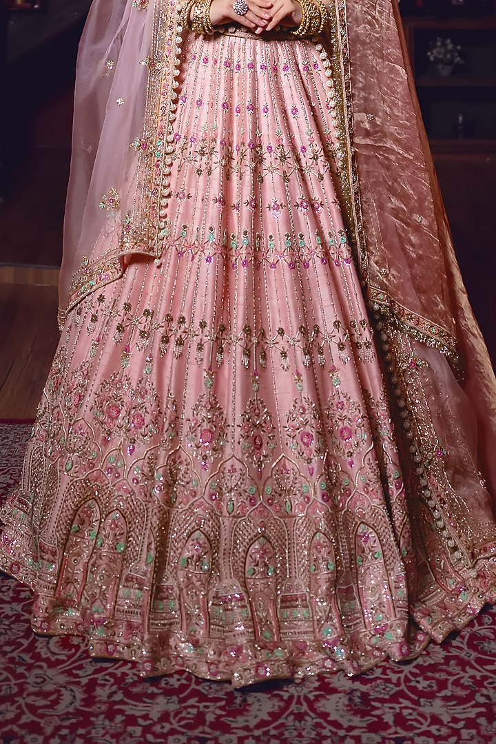 Pastel Pink Raw Silk Zardosi Embroidered Bridal Lehenga Set by AMRIN KHAN at Pernia's Pop Up Shop