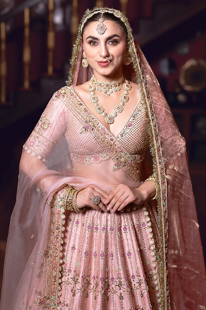 Pastel Pink Raw Silk Zardosi Embroidered Bridal Lehenga Set by AMRIN KHAN at Pernia's Pop Up Shop