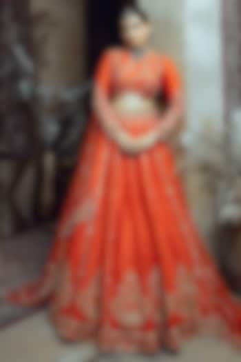 Tangerine Raw Silk Zardosi Embroidered Bridal Lehenga Set by AMRIN KHAN at Pernia's Pop Up Shop