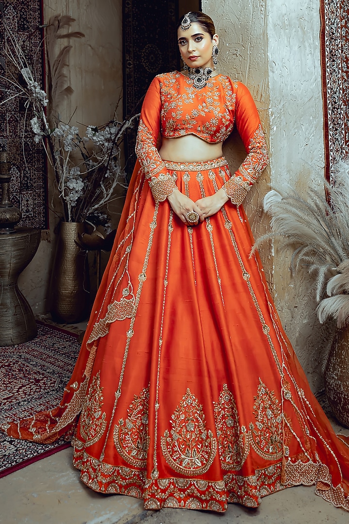 Tangerine Raw Silk Zardosi Embroidered Bridal Lehenga Set by AMRIN KHAN at Pernia's Pop Up Shop