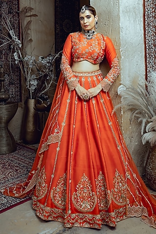 Tangerine Raw Silk Zardosi Embroidered Lehenga Set by AMRIN KHAN
