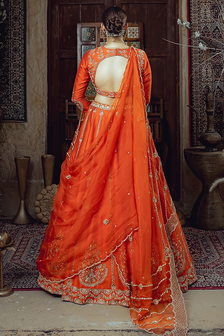 Tangerine Raw Silk Zardosi Embroidered Bridal Lehenga Set by AMRIN KHAN at Pernia's Pop Up Shop