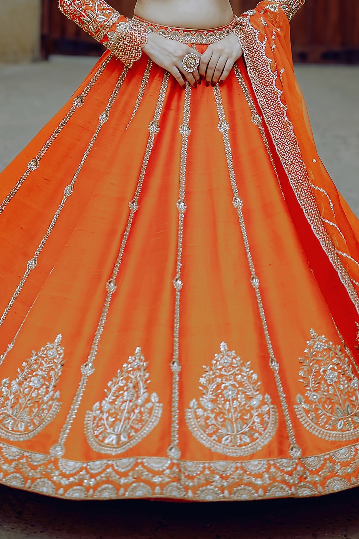 Tangerine Raw Silk Zardosi Embroidered Bridal Lehenga Set by AMRIN KHAN at Pernia's Pop Up Shop