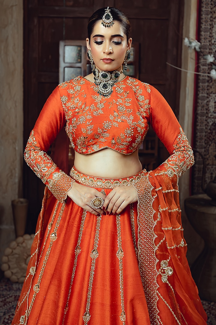 Tangerine Raw Silk Zardosi Embroidered Bridal Lehenga Set by AMRIN KHAN at Pernia's Pop Up Shop