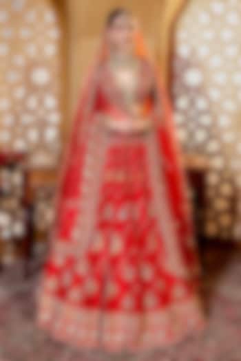 Red Raw Silk Hand Embroidered Bridal Lehenga Set by AMRIN KHAN at Pernia's Pop Up Shop