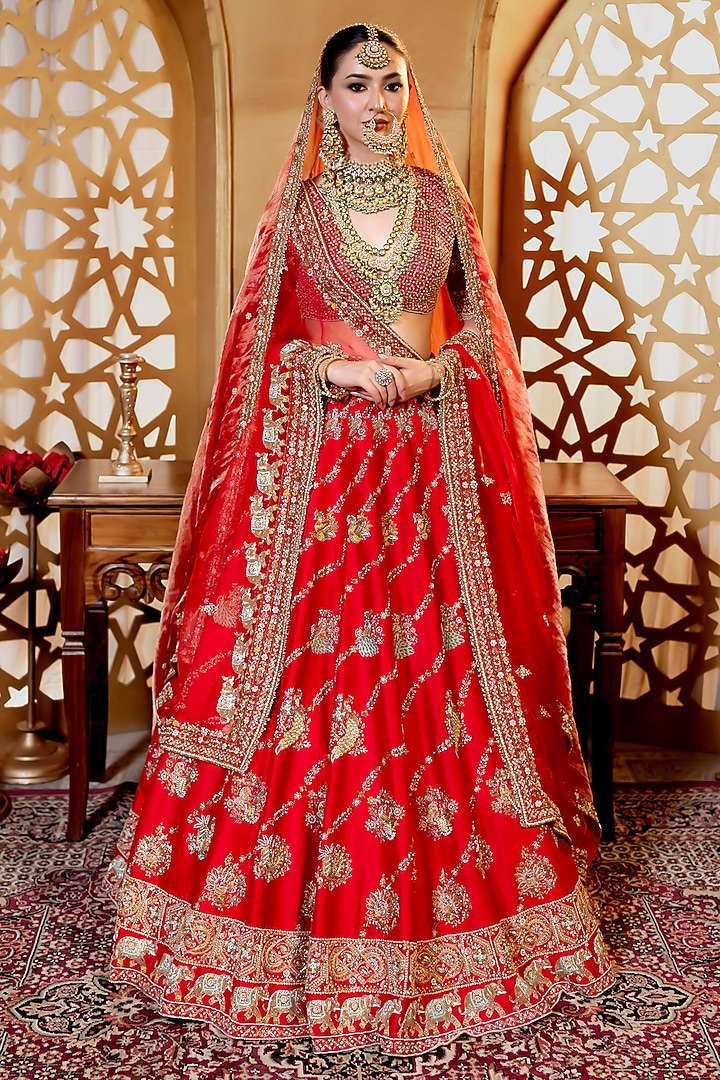 Red Raw Silk Hand Embroidered Bridal Lehenga Set by AMRIN KHAN at Pernia's Pop Up Shop