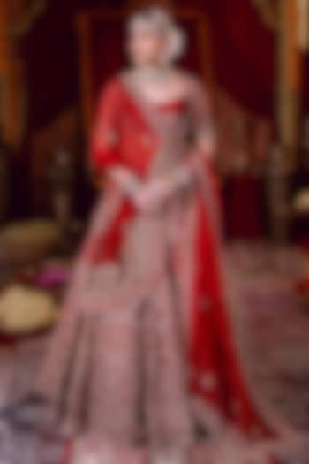 Maroon Raw Silk Zardosi Hand Embroidered Bridal Lehenga Set by AMRIN KHAN at Pernia's Pop Up Shop