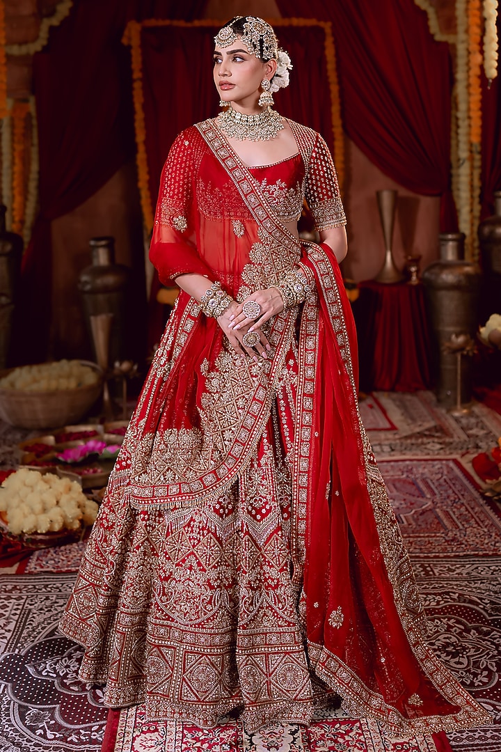 Maroon Raw Silk Zardosi Hand Embroidered Bridal Lehenga Set by AMRIN KHAN at Pernia's Pop Up Shop