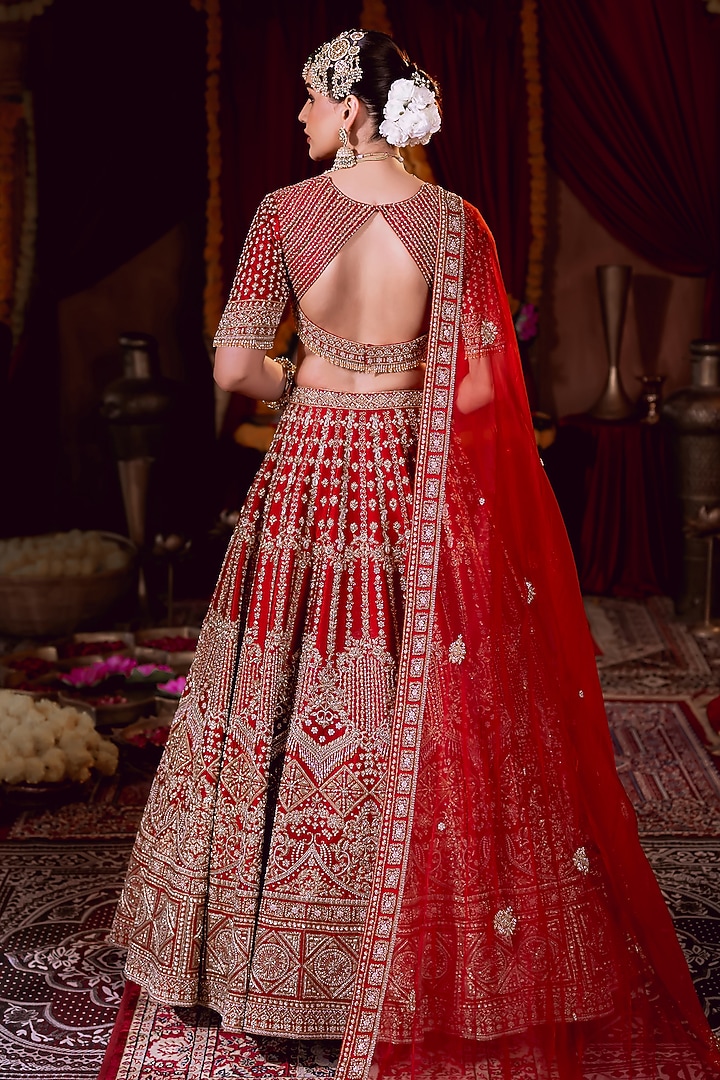 Maroon Raw Silk Zardosi Hand Embroidered Bridal Lehenga Set by AMRIN KHAN at Pernia's Pop Up Shop