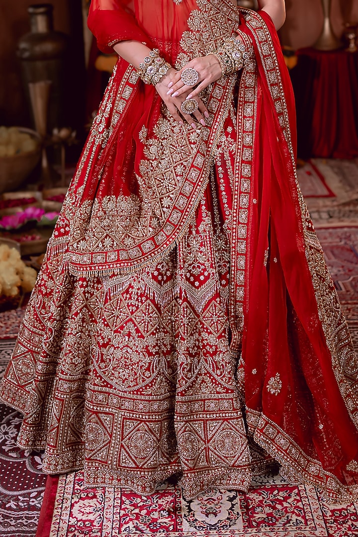 Maroon Raw Silk Zardosi Hand Embroidered Bridal Lehenga Set by AMRIN KHAN at Pernia's Pop Up Shop