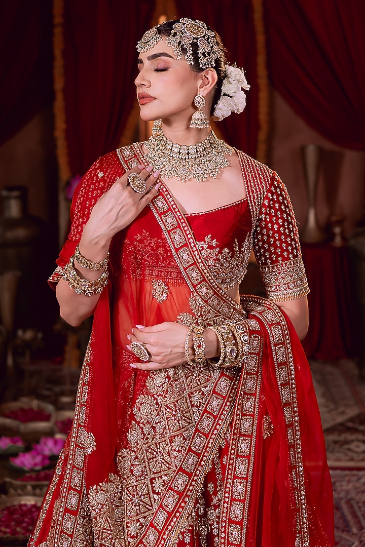 Maroon Raw Silk Zardosi Hand Embroidered Bridal Lehenga Set by AMRIN KHAN at Pernia's Pop Up Shop