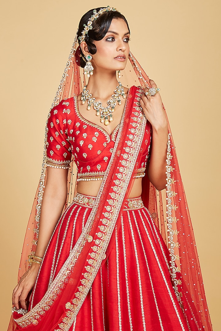 Red Raw Silk Hand Embroidered Bridal Lehenga Set  by AMRIN KHAN at Pernia's Pop Up Shop